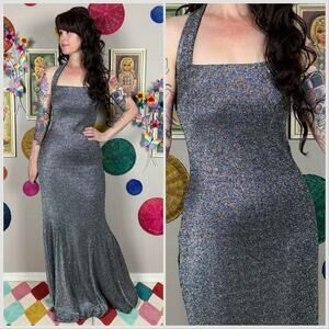 Vintage Y2K Silver Lurex Halter Trumpet Gown